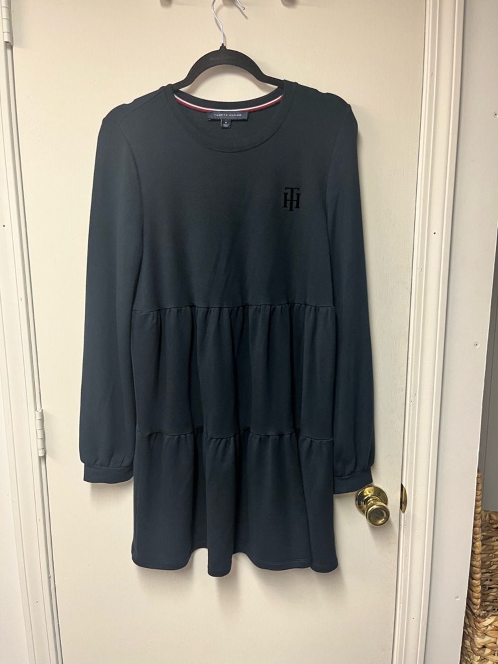 Tommy Hilfiger Navy Blue Tiered Knit Dress Long Sleeve Logo Size M